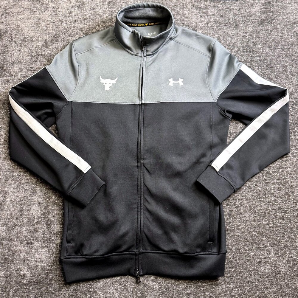 Under Armour Project Rock Track Jacket Men’s Small Blk Gray Blood Sweat Respect